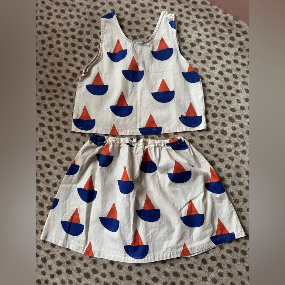 Bobo Choses White Tank Top and Skirt Set with Blue and Red Boat Print